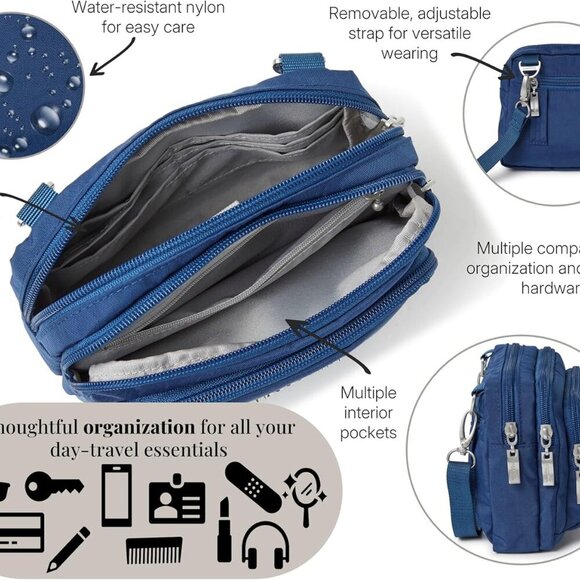 Triple Zip Small Crossbody Bag for Women - 8x6 inch Convertible Fanny Pack Belt - Picture 4 of 6